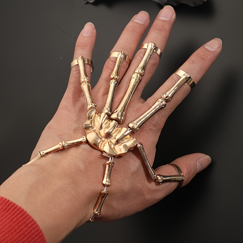 Punk Skull Hand Bone Five Finger Ring Bracelet Chain